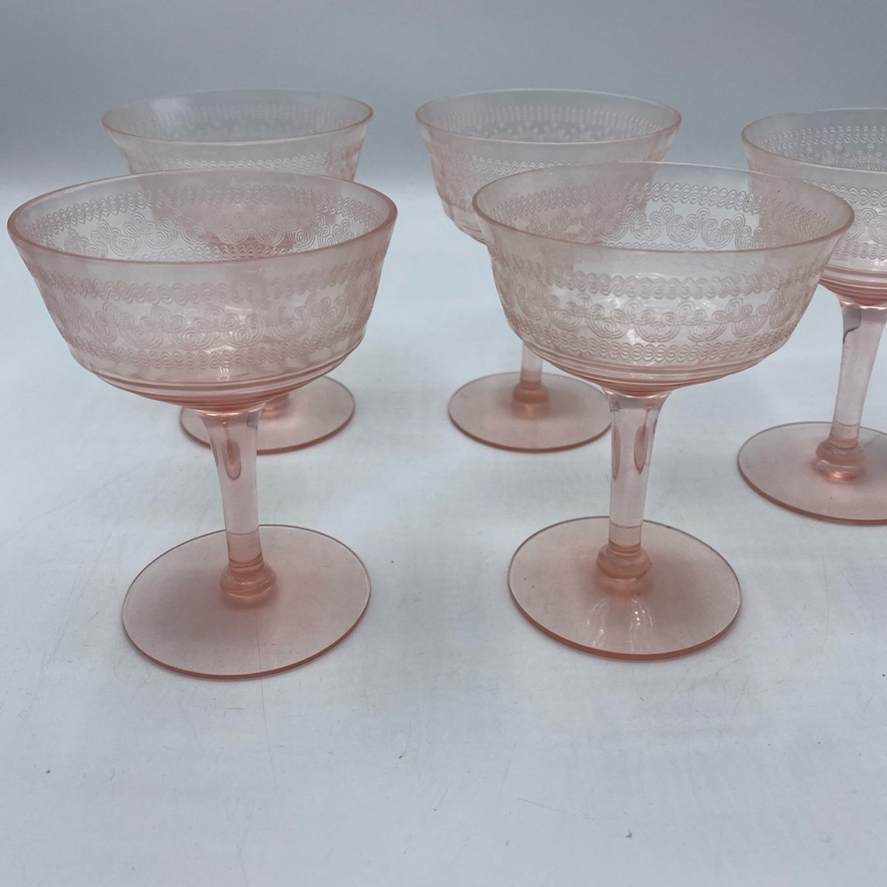 Pink Depression Paneled Champagne Sherbet Glasses Vintage Etched 4.75” Set Of 5 - Picture 3 of 5